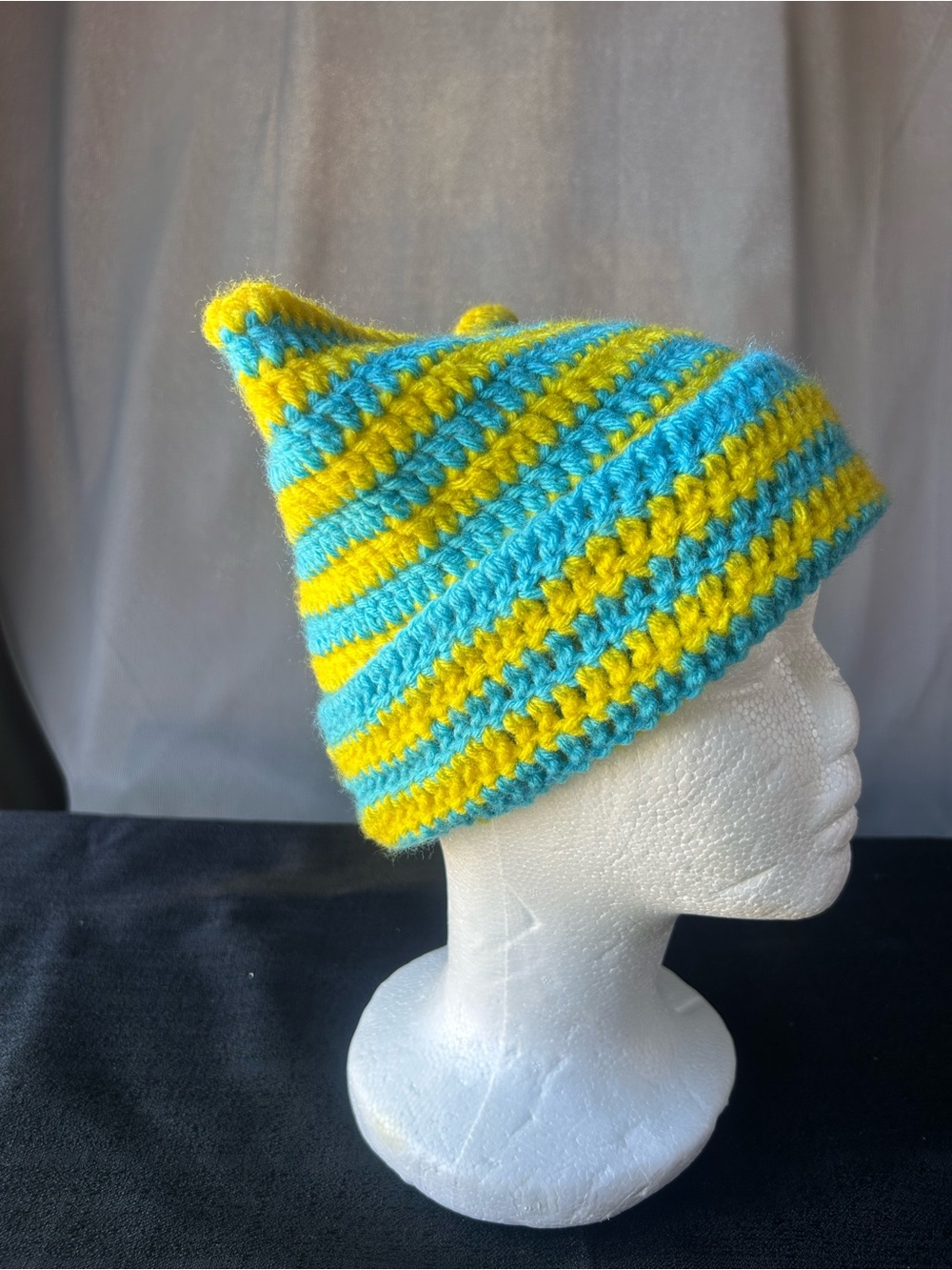 Handmade Striped Beanie Hat in Yellow and Turquoise